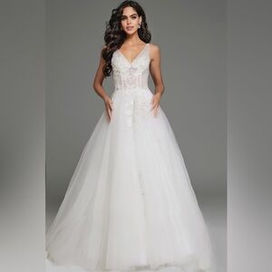 Jovani 37468 Ivory Lace Pearl Floral Ball Gown Prom‎ Bridal Formal Dress NWT 14